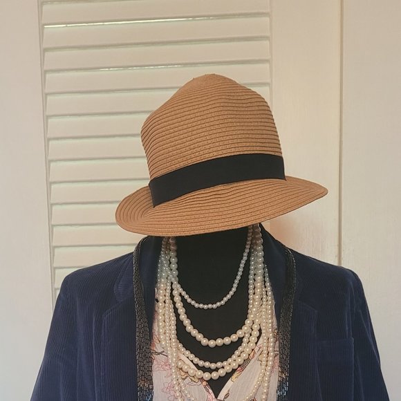 Ann Taylor Factory Fedora Straw Hat w/ Navy Bow Ribbon - Picture 4 of 7